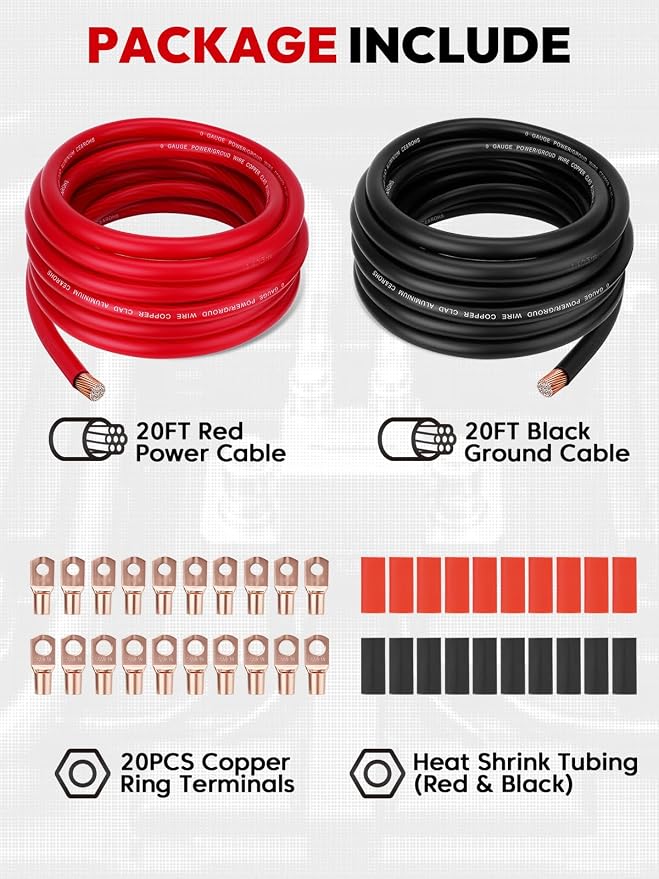 1/0 AWG 40FT Copper Clad Aluminum Battery Cable Kit, 0 Gauge 20FT Red + 20FT Black CCA Power/Ground Wire with 20PCS Ring Terminals & 3:1 Heat Shrink Tubing for Car Audio, RV, Solar, Inverter