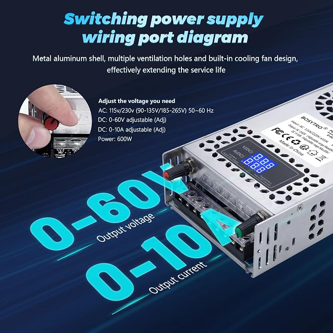 60V Adjustable dc Power Supply 600W,Switching Power Supply AC 110V/220V to DC 0-60V DC Converter with LED Digital Display, 5V 12V 24V 48V Buck Converter for 3D Printer,CCTV,Dimmable LEDs