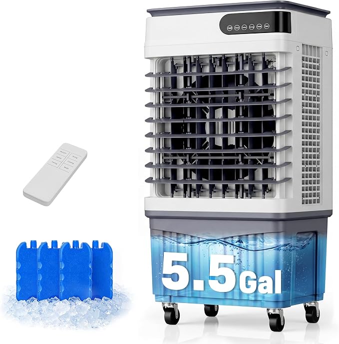 Swamp Cooler Air Conditioner, Portable Evaporative Air Cooler with 4 Ice Packs, LED Display, Remote & Touch Control, 12H Timer, Wide Oscillation, 5.5 Gal Tank for Bedroom, Garage