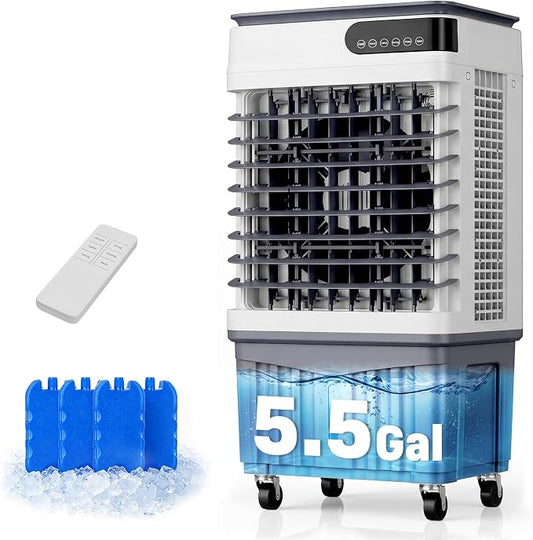 Swamp Cooler Air Conditioner, Portable Evaporative Air Cooler with 4 Ice Packs, LED Display, Remote & Touch Control, 12H Timer, Wide Oscillation, 5.5 Gal Tank for Bedroom, Garage