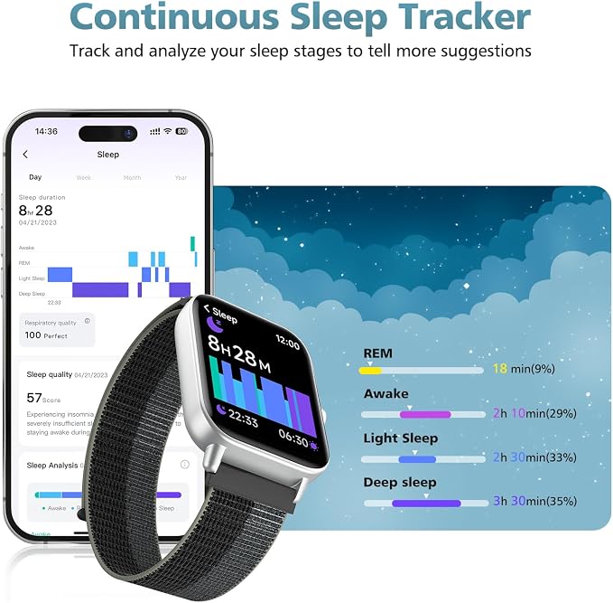 Smart Watch for Women Men, 1.85" Alexa Fitness Tracker with Call & SMS, Heart Rate, SpO2, Stress & Sleep Monitor, IP68 Waterproof Smartwatch for Android iPhone Samsung etc., 100+ Sports Modes, 2 Bands