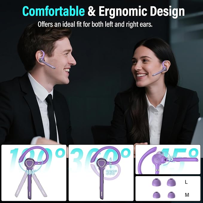 Bluetooth Headset with APTX HD Audio, Wireless Hands-Free Earpiece with CVC 8.0/ENC Dual Mic, Mute Button & Dual Device Connection, 90H Playtime Single-Ear Headphone for Trucker, Business, Purple‌
