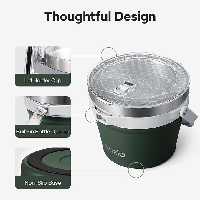BUZIO 7 L Ice Bucket with Lid and Scoop & Tongs, Vacuum Insulated Stainless Steel Ice Buckets with Handle and Adjustable Shoulder Strap, Large Beverage Bucket for Cocktail Bar Champagne, Green