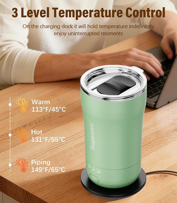 Supsonic - 14oz Heated Coffee Mug, Self-Heating Travel Mug with 3-Temp Settings, Insulated Stainless Steel Constant Temperature Heating Mug for Beverage, Smart Heating Portable Coffee Mug | S1