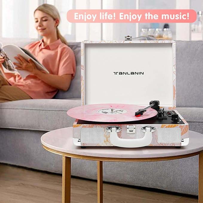 Pink Floral Vinyl Record Player with Built-in Speakers & USB Recording, Vintage 3-Speed Bluetooth Portable Suitcase Turntables Belt-Driven LP Player Support AUX/RCA/Headphone Jack