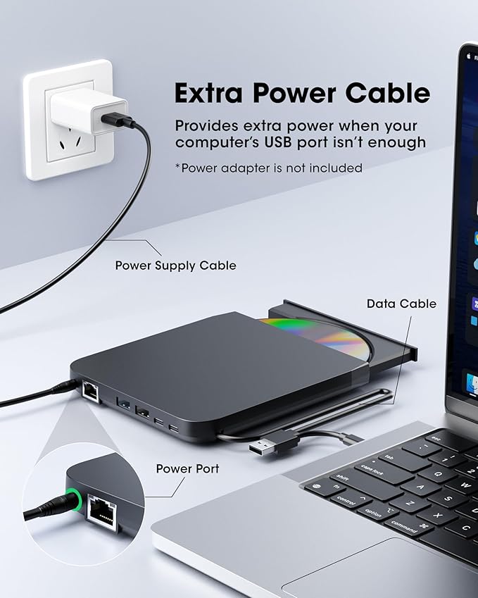 ROOFULL New USB 3.0 External CD DVD Drive with Ethernet Adapter, USB-A/C Ports, SD/TF Card Slot, Carrying Case, USB-C CD DVD Reader Burner Writer Player Optical Disc Drive for Windows & Mac Laptop PC