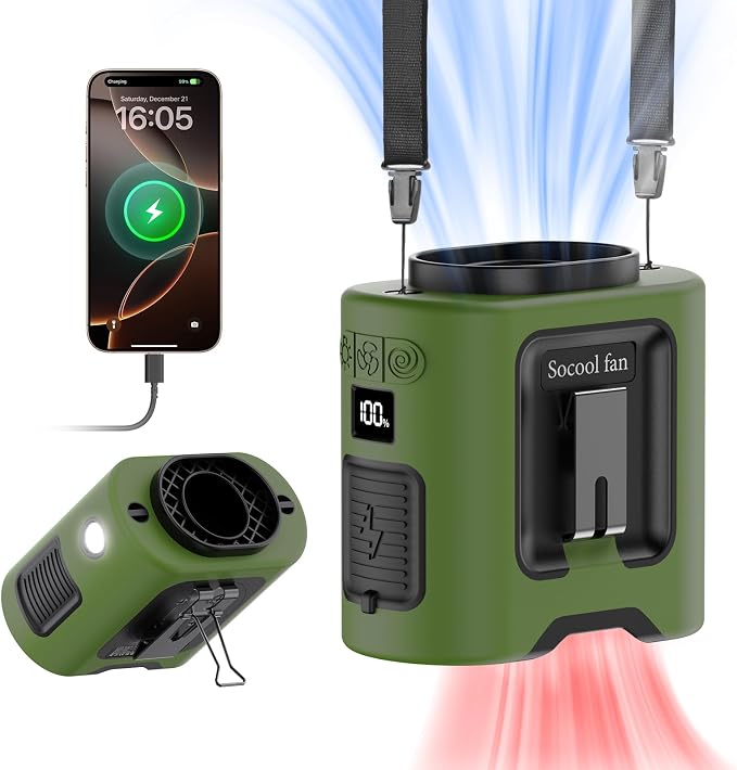 Socool 14500mAh Portable Waist Fan with 360 Rotation, Rechargeable Mini Personal Clip On Belt Shirt Fan 67Hrs Cooling Wearable Hanging Neck Fans with 5 Speeds & LED Light For Outdoor Working Jobsite