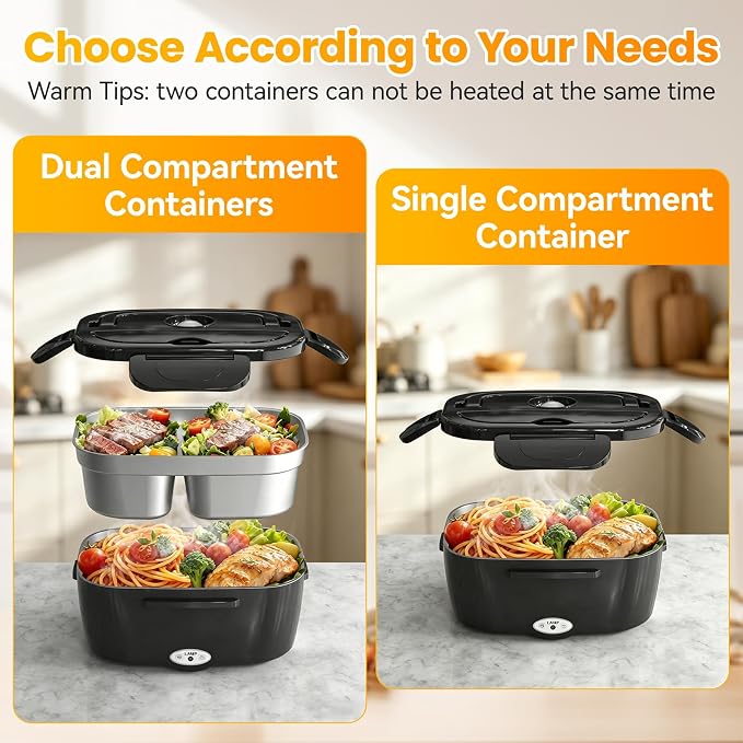 Vingud Electric Lunch Box for Adults, Heated Lunch Box for Men with Dual 1.5L SS Containers, Portable 80W Food Warmer for Car/Truck, Lonchera Eléctrica Portátil Christmas White Elephant Gifts, Black
