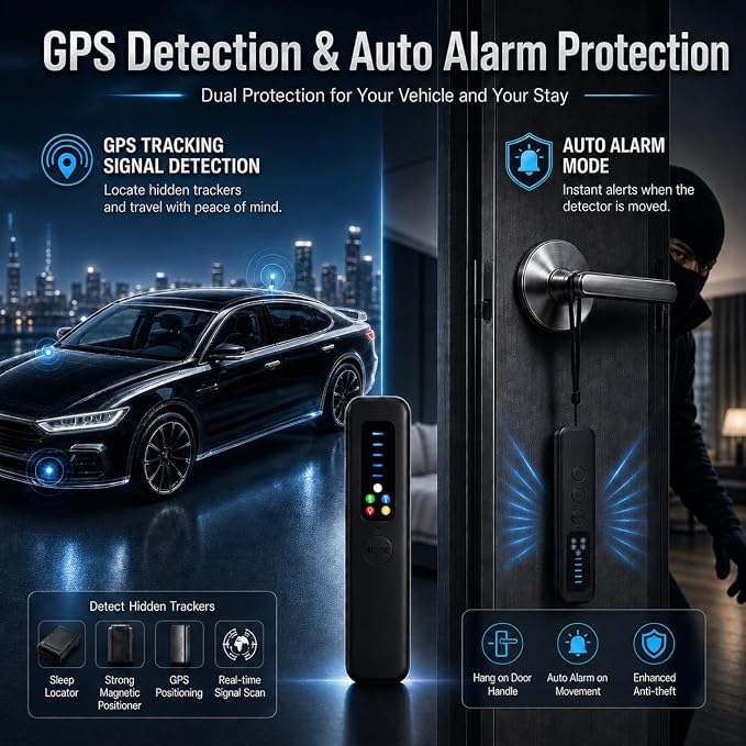 Hidden Camera Detector LED Display Silent Mode Travel Hotels Car | 6 detection modes, spy camera finder, 25H battery, GPS tracker and listening device detector, 5-Level Sensitivity, Compact