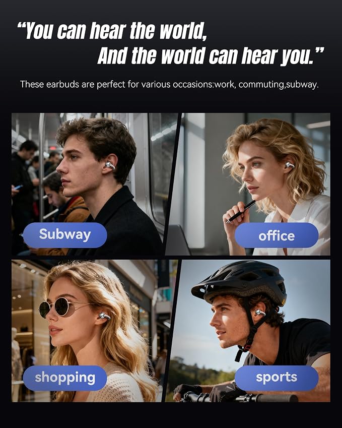 King Lucky Next-gen Clip on Earbuds Open Ear Wireless Bluetooth 6.0 Headphones with Mic,50H Play,ENC,IPX5 Waterproof,Sports Ear Buds,Comfortable for Small Ears&Fitness,Run (Silver, Digital Display)