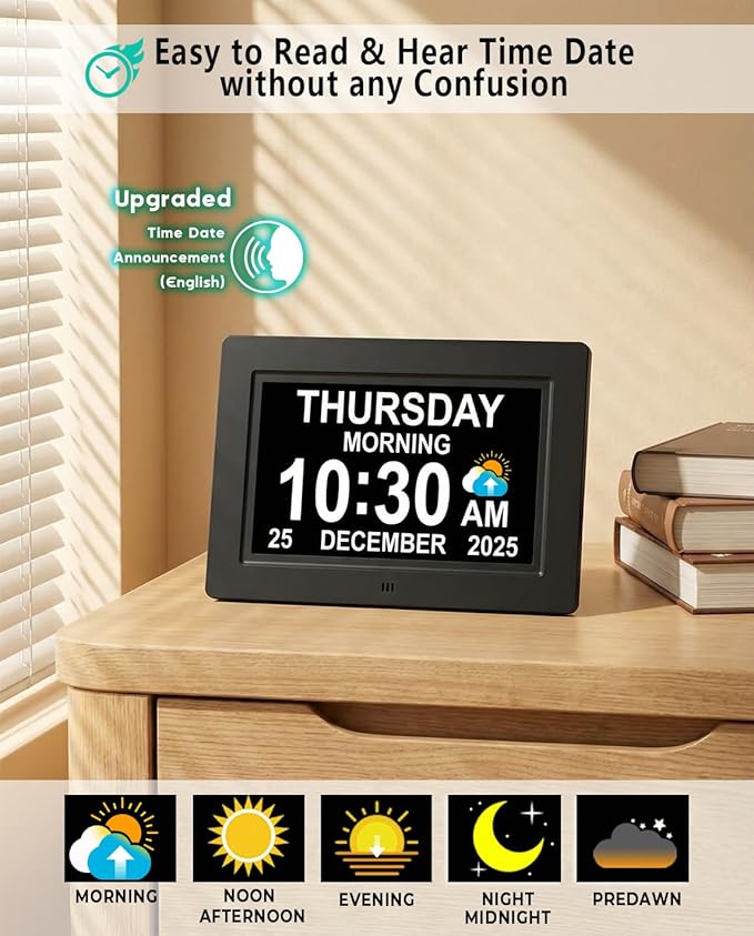 MASSII Dementia Clock with Date Time Voice Announcement, 27 Alarms Custom Reminders, Sleep Trainer, Auto DST, 10 Levels Night Dimmer, Large Talking Digital Calendar Clock for Elderly with 1.5M Adaptor