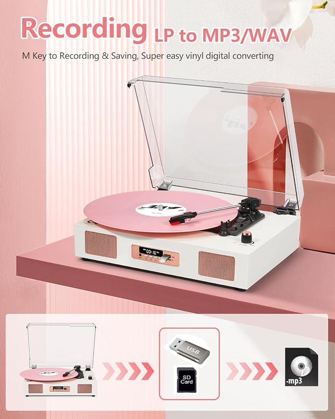 Vinyl Record Player Vintage Wireless Bluetooth Record Player with Stereo Speakers, USB/TF Card Recording, LP Player with 3 Speed Belt Drive Turntable Support RCA Line-Out AUX Input EQ,White& Rose Gold