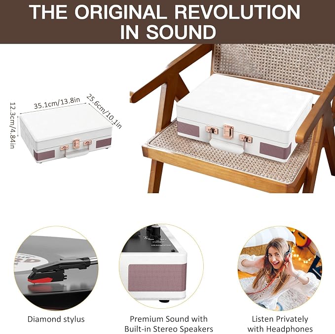 Record Player 3 Speed Bluetooth Portable Suitcase Vinyl Player with Built-in Speakers Turntable Enhanced Audio Sound PU Leather Vintage Turntable