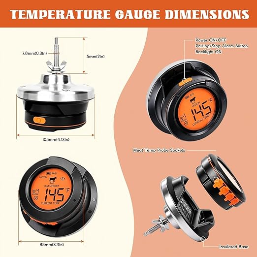 Bluetooth Smart Grill Gauge Thermometer with 2 Hub Meat Probes for Kamado Joe Grills Weber Smoker Offset Replacement Accessories,Universal Version Digital Grill Thermometer Real Time Monitoring