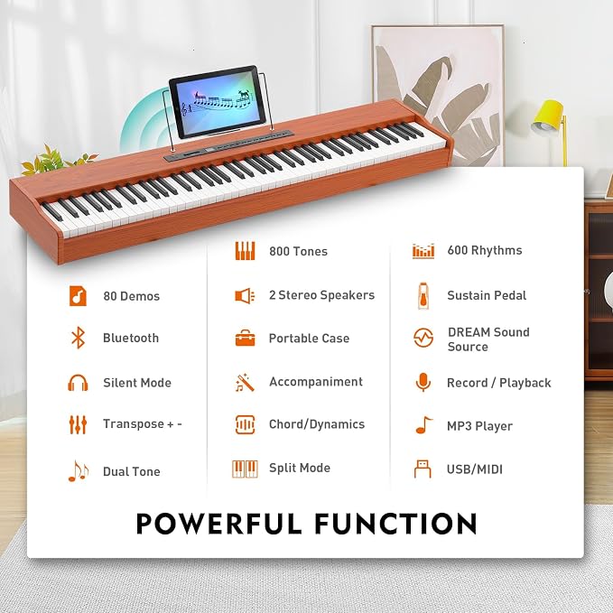 MUSTAR Digital Piano 88 Weighted Keys with Stand Touch Sensitivity, 88 Key Semi Weighted Keyboard Piano Portable Electric Piano for Beginners, Dual Stereo Speakers, Case, Sustain Pedal (Brown-MDF)