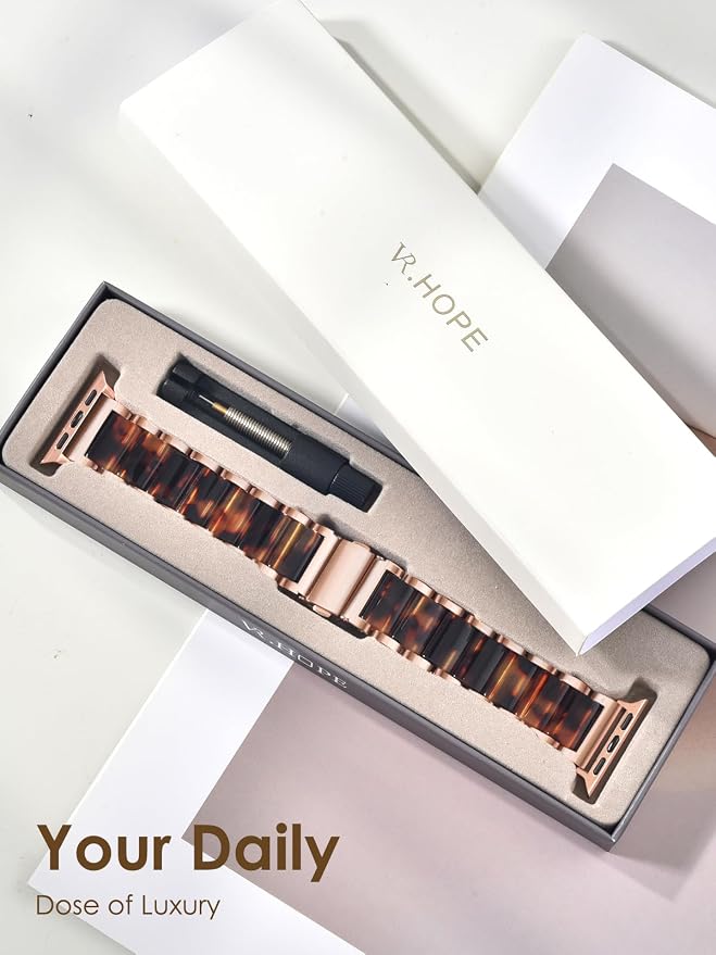 V.R.HOPE Apple Watch Band for Women 42mm 44mm 45mm 46mm 49mm Fashion Rose Gold Stainless Steel Metal Strap with Resin Inlay, Fashion Bracelet Compatible with iWatch Series Ultra3/11/10/9/8/7/6/SE (Tortoise+Rose Gold)