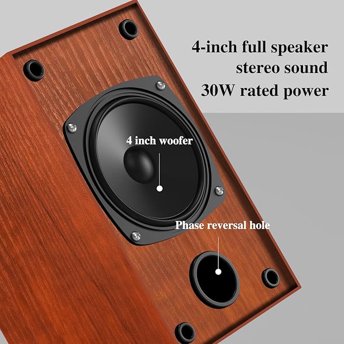 Elimavi Powered Bookshelf Speakers, 30W X 2 Turntable Speakers with 4 Inch Woofer, Record Player Speakers with AUX Input for PC and TVs,Wood Grain Color for Wall Mounting