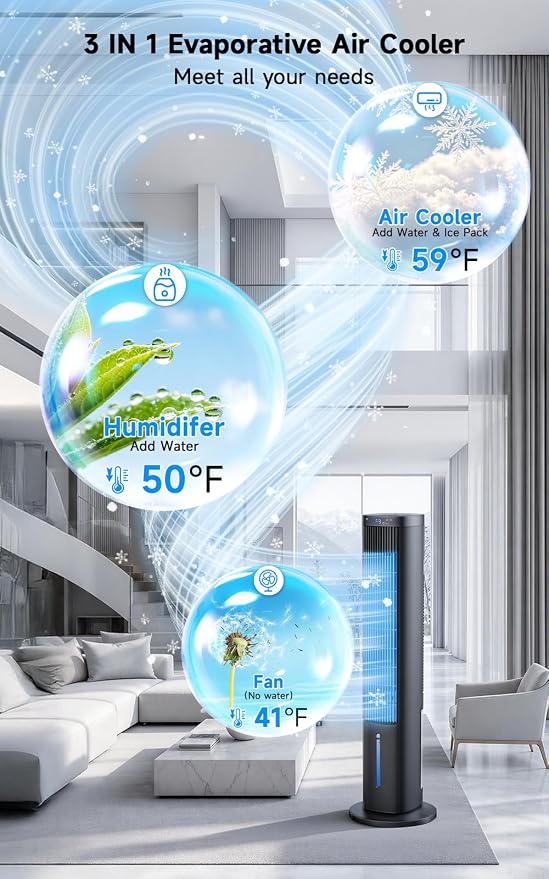 Windowless Portable Air Conditioner w/ 5 Mode&3 Speed, 12H Timer, 120° Oscillating Evaporative Air Cooler, LCD Touch Control & 28FT Remote, 4L Water Tank Swamp Cooler Air Conditioner for Room