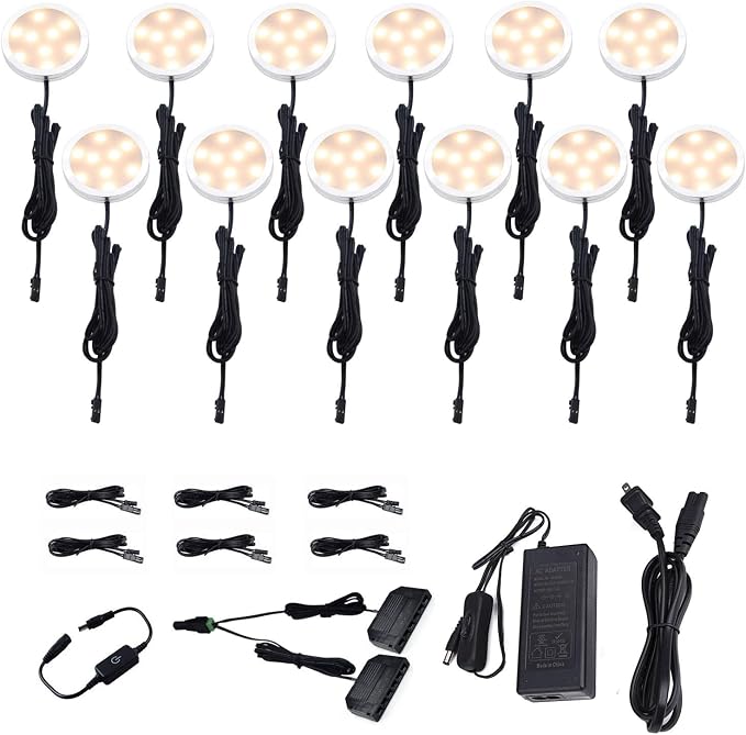 AIBOO LED Under Cabinet Lighting, 12V Under Counter Lights, Touch Dimming Puck Lights, Hardwired or Plug in with UL Listed Adapter, Updated Home Light, Accent Lights 24W (12 Lights Warm White)