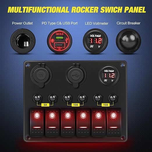 Nilight 6 Gang Rocker Switch Panel Waterproof Pre-Wired Aluminum Panels with PD Type C and USB Cigarette Lighter Socket Voltmeter 12V 24V ON Off Switches for Car Trucks Boats RVs Red