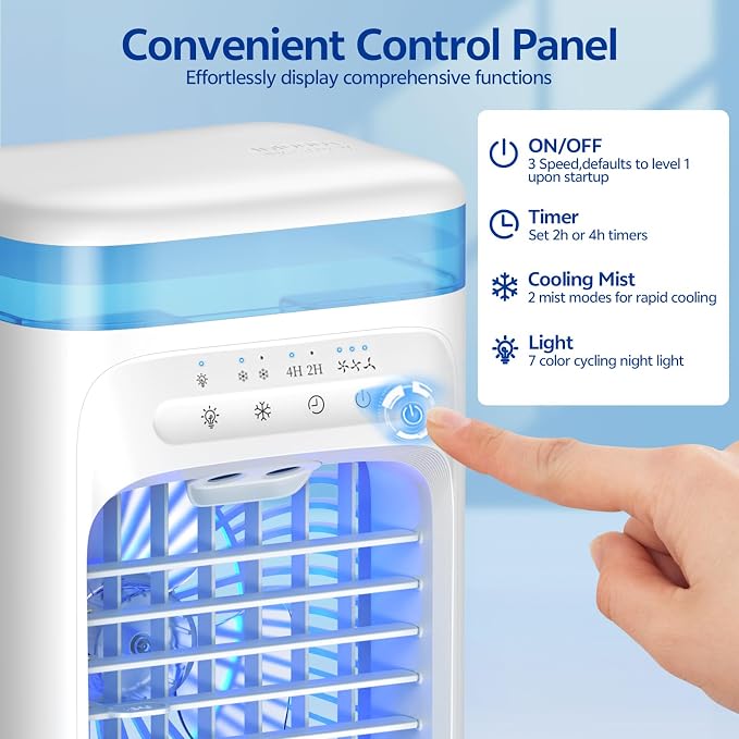 Portable Air Conditioners,Portable AC Unit with 3 Speed 2 Mist Modes Rapid Cooling,Mini Air Conditioner with 1000ML Water Tank 2/4H Timer LED Lights,Cooling AC Fan for Bedroom Office Camping Car RV