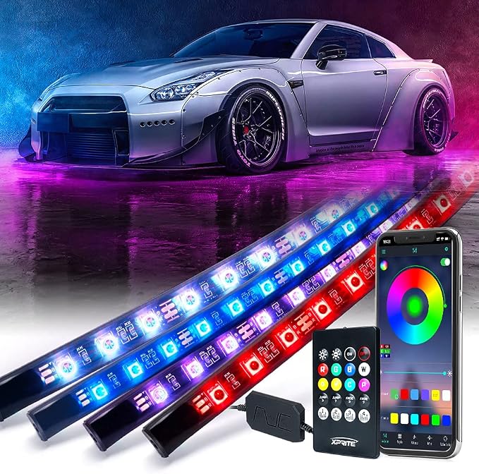 Xprite 4Pcs Underglow LED Lights for Cars, 8 Color RGB 252 LEDs Sound Active Function Music Mode Underglow Kit, Bluetooth APP & Remote Control, Waterproof Underbody Neon Strip Light for Car SUV Truck