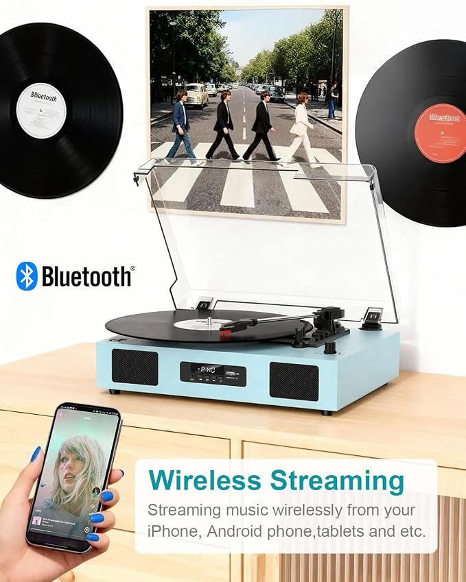 Vinyl Record Player with Bluetooth, 3-Speed Belt-Drive Turntable with Built-in Speakers, USB Recording, RCA/AUX/Headphone Jack, Classic Blue Record Player