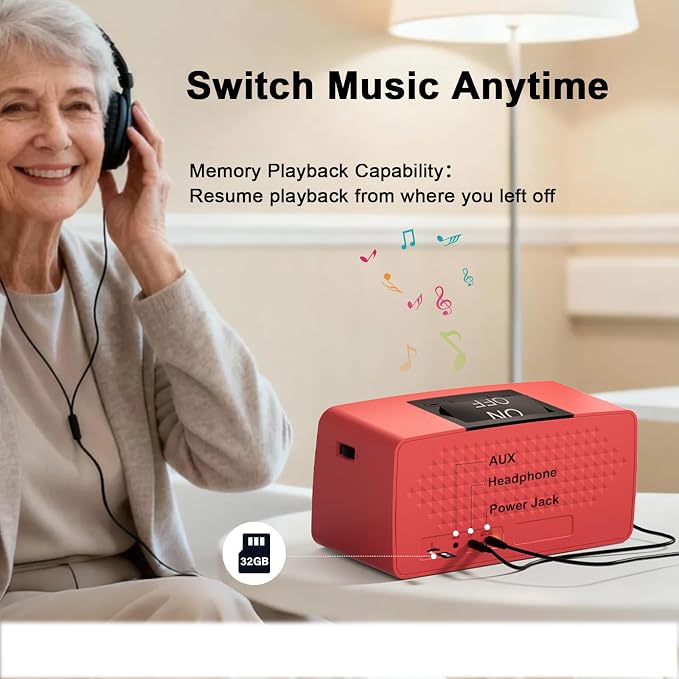 Large Button Simple Music Player for Seniors, Easy MP3 Player for Elderly, Dementia, Blind,Alzheimer's & Visually Impaired, Music Box with 32GB TF Card, One-Touch Play (Red)