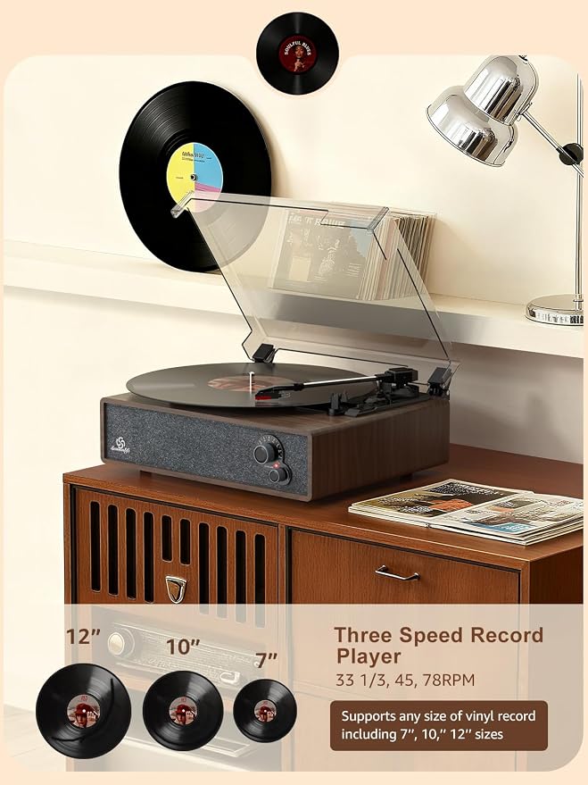 Record Player Vintage Turntable for Vinyl Records Built-in Stereo Speakers LP Phonograph Auto Stop Tone Adjustment Belt Drive 3 Speed 3 Size Support Wireless Input RCA Output Retro Coffee Brown