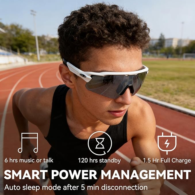 Bluetooth Smart Sunglasses for Men Women, Open-Ear Speaker Glasses with Touch Control, UV400 Polarized Lens, 5-6H Playtime for Outdoor Sports,White and Grey