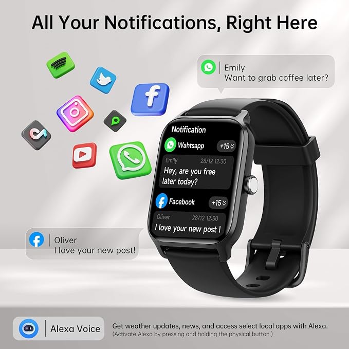 Tensky Smart Watch for Women/Men, 1.85'' Big Activity Smartwatch for iPhone/Android, 100+ Sport Modes Fitness Tracker (Answer/Make Call), Alexa Built-in, Sleep/Heart Rate/SpO2 Monitor, 2ATM Waterproof