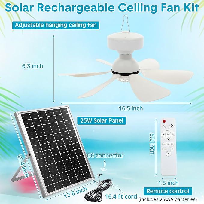 Glooglitter 1 Set Solar Ceiling Fan Light Kit 16.5”, 25W Outdoor Solar Powered Gazebo Fans with 3 Color Light and Remote Control, Portable Fan for Patio Canopy Shed Rv Porch Chicken Coop Camping Tent