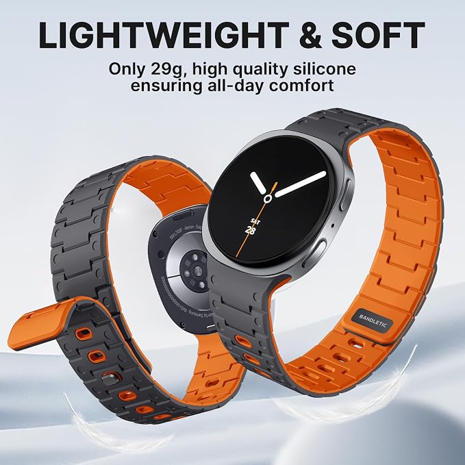 Bandletic Silicone Magnetic Band Compatible with Samsung Galaxy Watch 8 40mm 44mm / 8 Classic 46mm 2025, No Gap Soft Sport Wristbands Breathable Replacement Strap for Men Women, Space Gray/Orange