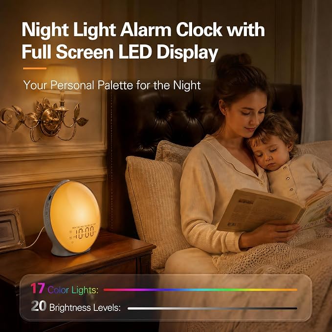 JALL Full-Screen Wake Up Light Sunrise Alarm Clocks for Bedrooms, White Noise Machine for Heavy Sleepers, 25 Natural Sounds, Dual Alarms, FM Radio, 17 Dimmable Colors, Bluetooth Speaker