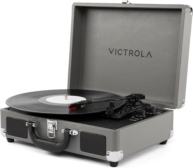 Victrola Journey II (2025 Model) – Bluetooth Suitcase Record Player – Built-in Stereo Speakers with Enhanced Bass, 3-Speed Turntable, Bluetooth Input and Output, RCA & Headphone Outputs (Grey)