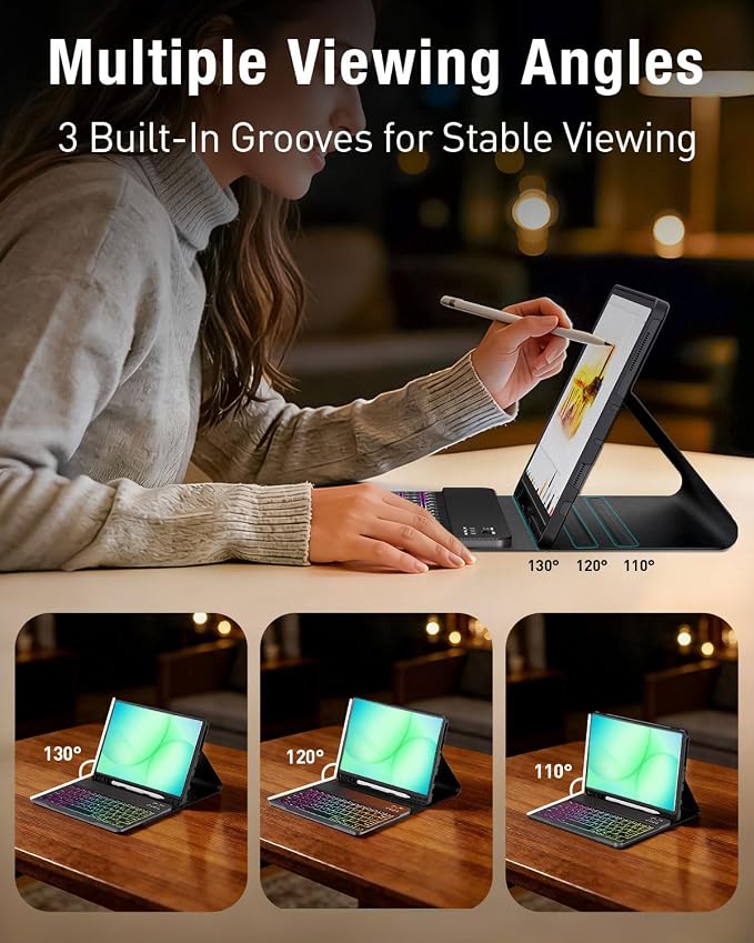 Keyboard Case for Samsung Galaxy Tab A11 Plus 11 Inch 2025 / A9+ Plus 2023 Tablet, Detachable Rainbow Backlit Wireless Keyboard and Mouse, Slim Stand Cover with S Pen Holder (Black)