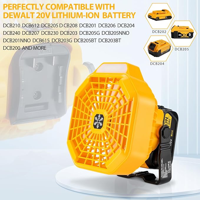 Taingwei Portable Fan with Remote for Dewalt 20v 60v Battery,Battery Operated Fan with 3 Energy Efficient Speed Settings and Dimmable Led Light for Camping,Emergency and Job Site(Tool Only)