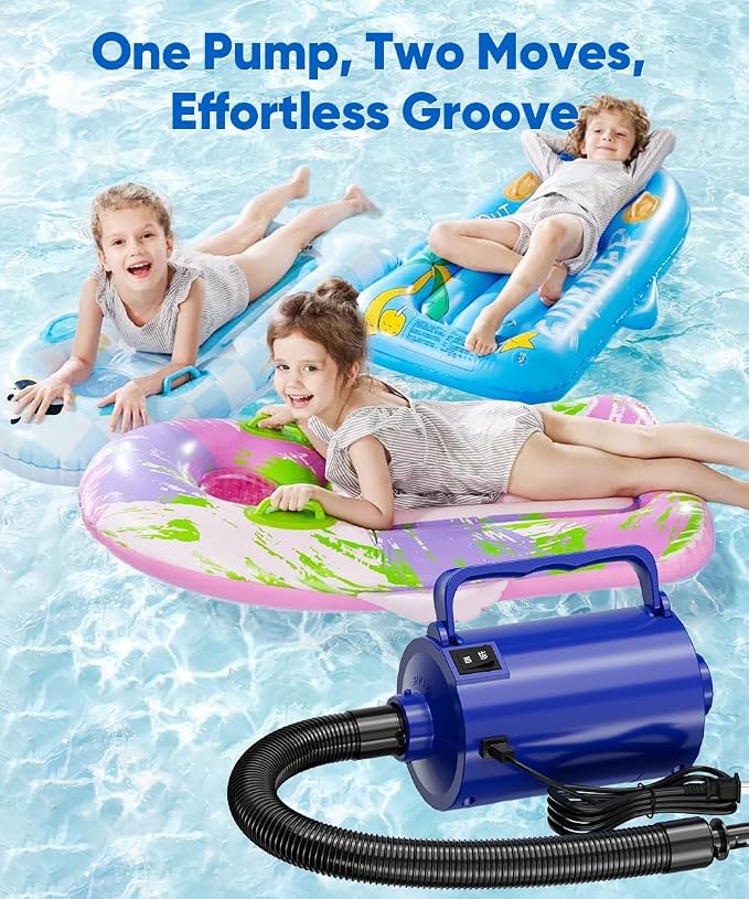 Electric Air Pump with Hose for Inflatables, High Power Inflator Deflator Blow Up Pump with 6 Nozzles, Pool Toy Float Pump for Pool Floats, Air Mattress, Gym Mat, 320W, 1.5PSI, 120V AC, Blue