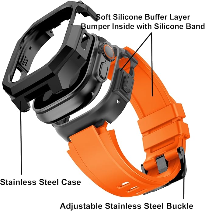 Luxury Metal Case with Band Compatible for Apple Watch 44mm 45mm 46mm 49mm,Men Rugged Protective Bumper Cover with Soft Silicone Strap for iWatch Series 11/10/9/8/7/6/SE3/SE2/SE/5/4 and Ultra 3/2/1 49mm