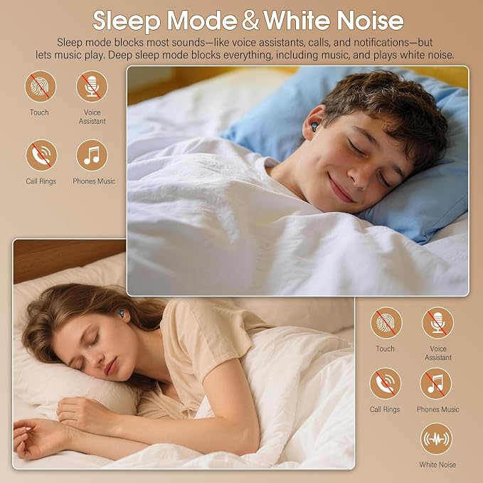 Sleep Earbuds Bluetooth 5.4 in Ear Light-Weight Headphones with Sleep Mode and White Noise, 48H Mini Sleep Ear Buds Small Design for Side Sleepers, Clear Calls, Sleep Earphones for Relaxing/Focus