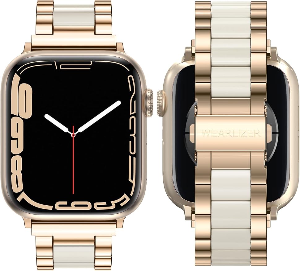 Wearlizer Compatible with Apple Watch Band 38/40/41/42mm Fashion Wristband Women, Stainless Steel + Resin Metal Replacement for iWatch Series 11 10 9 8 7 6 5 4 3 SE/Ultra 3 2 1-RoseGold+Starlight