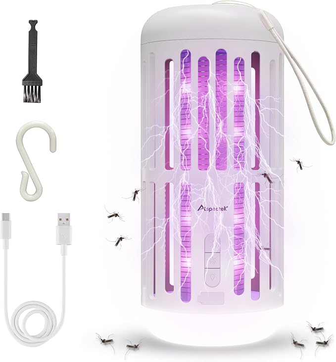 ASPECTEK 3-in-1 Rechargeable Bug Zapper with Bluetooth Speaker and Ambient LED Light, Portable Cordless Mosquito Killer for Patio, Camping and Garden, High-Voltage Electric Insect Control - White
