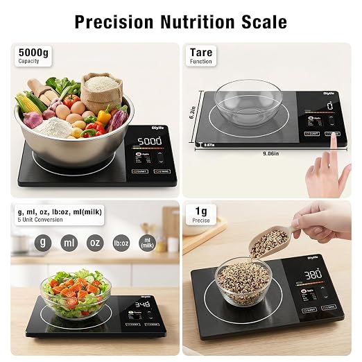 Diyife Smart Food Scale with Nutritional Calculator, Free App for 24 Nutrients Tracking, Calorie, Fat, Carb, Protein, 50 Foods Preload, Digital Food Kitchen Scale for Meal Prep Healthy Diet, 11lb/5kg