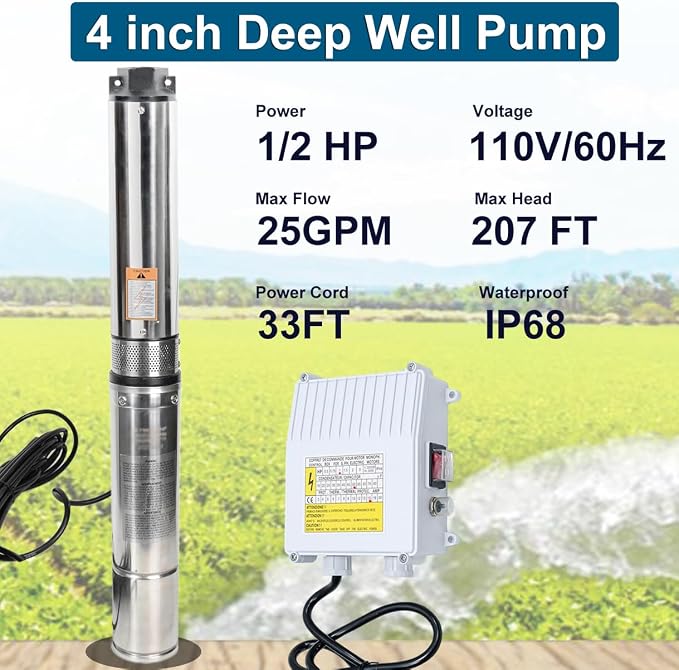 4" Deep Well Submersible Pump, 1/2 HP, 110V, 60 Hz, 25 GPM,207FT Max Head, 33FT Power Cord,Stainless Steel Submersible Well Pump with External Control Box, Check Valve & Outlet,ON/OFF Switch