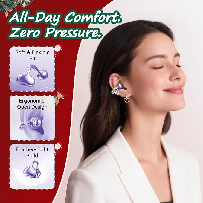 Kinglucky Open-Ear Clip-On Earbuds for Women with Detachable Holiday Bows, All-Day Comfort, Secure Fit, Lightweight Bluetooth 5.4 Wireless Earbuds 50H Playtime, Gift for Her, Clear Calls, Purple