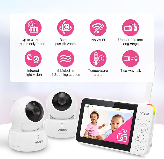 VTech Baby Monitor No WiFi, 2 Cameras & Remote Pan-Tilt-Zoom for Twins & Two Rooms – Hack-Proof, 17Hr Battery, 1000ft Range, Auto Night Vision, Temperature Sensor | VM924-2