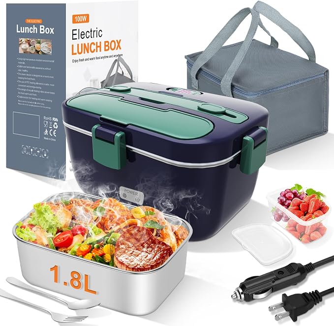DUPASU Electric Lunch Box Food Warmer: 100W Heated Lunch Box for Adults, 1.8L Portable Fast Heating Lunchbox Food Heater for Car, Truck, Work, Travel, Lonchera Elctrica Porttil 12/24V/110-230V