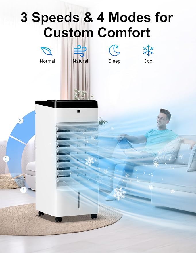 Uthfy Portable Air Conditioners, 3 IN 1 Evaporative Air Cooler with Detachable Water Tank, 6 Ice Packs, 12H Timer, 120° Oscillation, Remote, 3 Speeds, 4 Modes, Swamp Cooler for Bedroom, Milky White