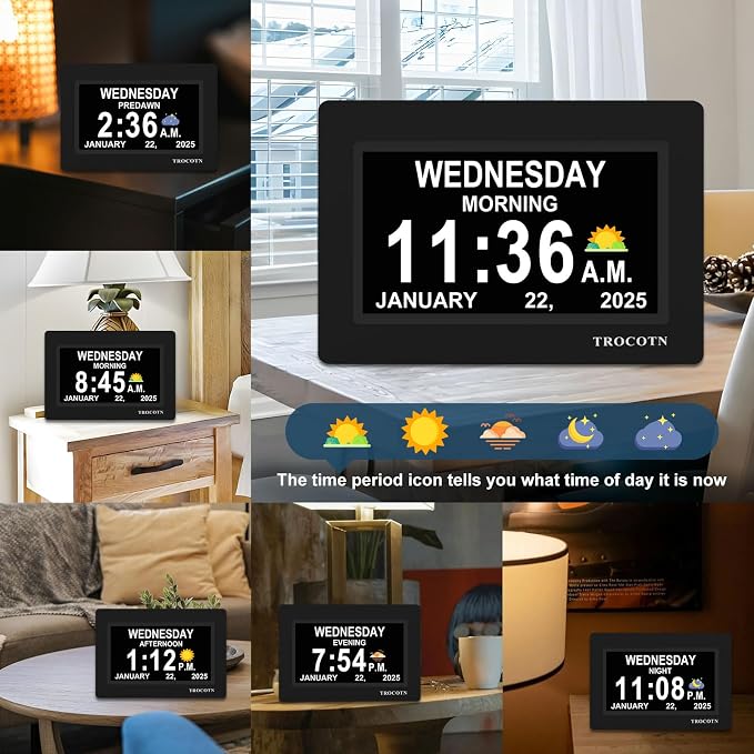 TROCOTN Dementia Clocks, Large Display Calendar Alarm Clock with Auto DST for Seniors, 5 Display Modes Large Font Digital Clock with Custom Alarms Day Date Clocks. (7 Inch Black)