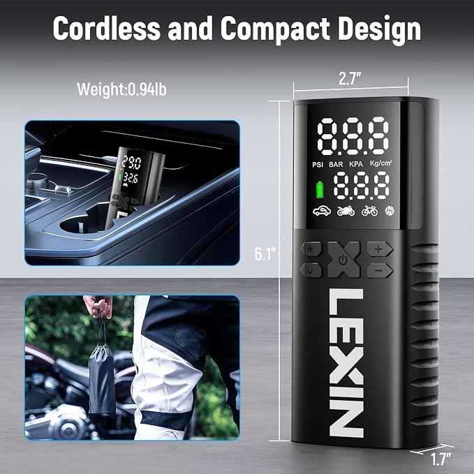 LEXIN P4 Tire Inflator Portable Air Compressor, 150PSI Electric Air Pump for Car Tires, w/Pressure Gauge&LED Light, 4000mAh Cordless Smart Pump for Car/Motorcycle/Bike/Bicycle/Scooter/Ball/Inflatable